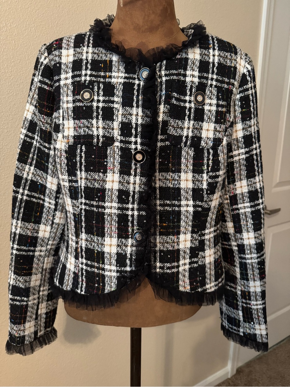 Walter Baker Black and White Plaid Tweed Blazer